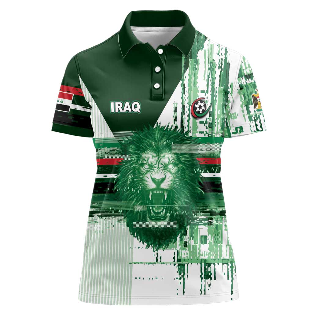 Custom Iraq Football Women Polo Shirt Modern Glitch Art Style Lion Symbolism