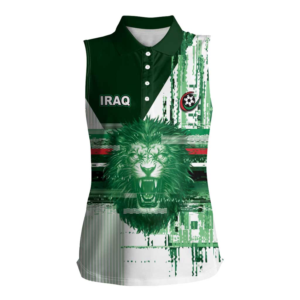 Custom Iraq Football Women Sleeveless Polo Shirt Modern Glitch Art Style Lion Symbolism