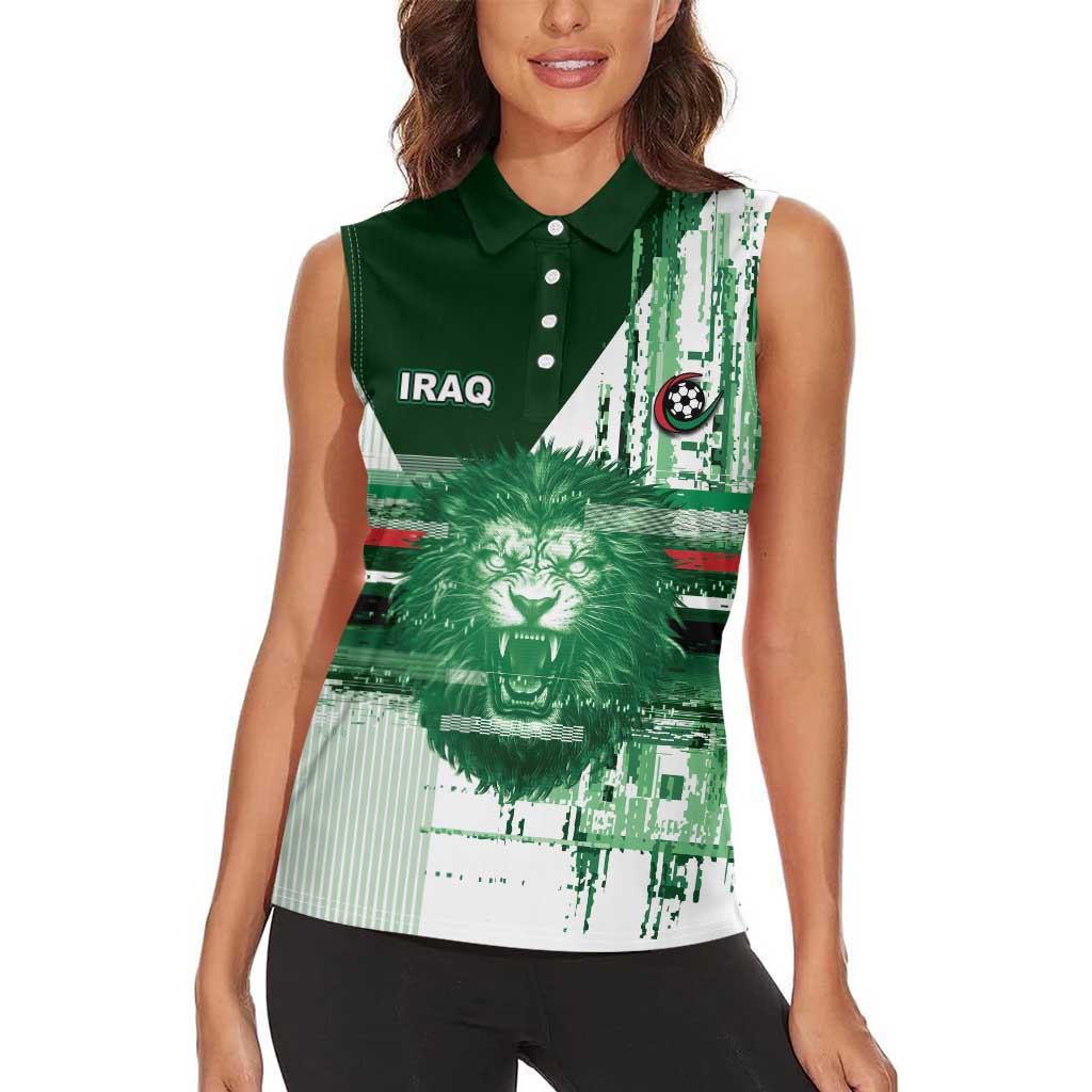 Custom Iraq Football Women Sleeveless Polo Shirt Modern Glitch Art Style Lion Symbolism