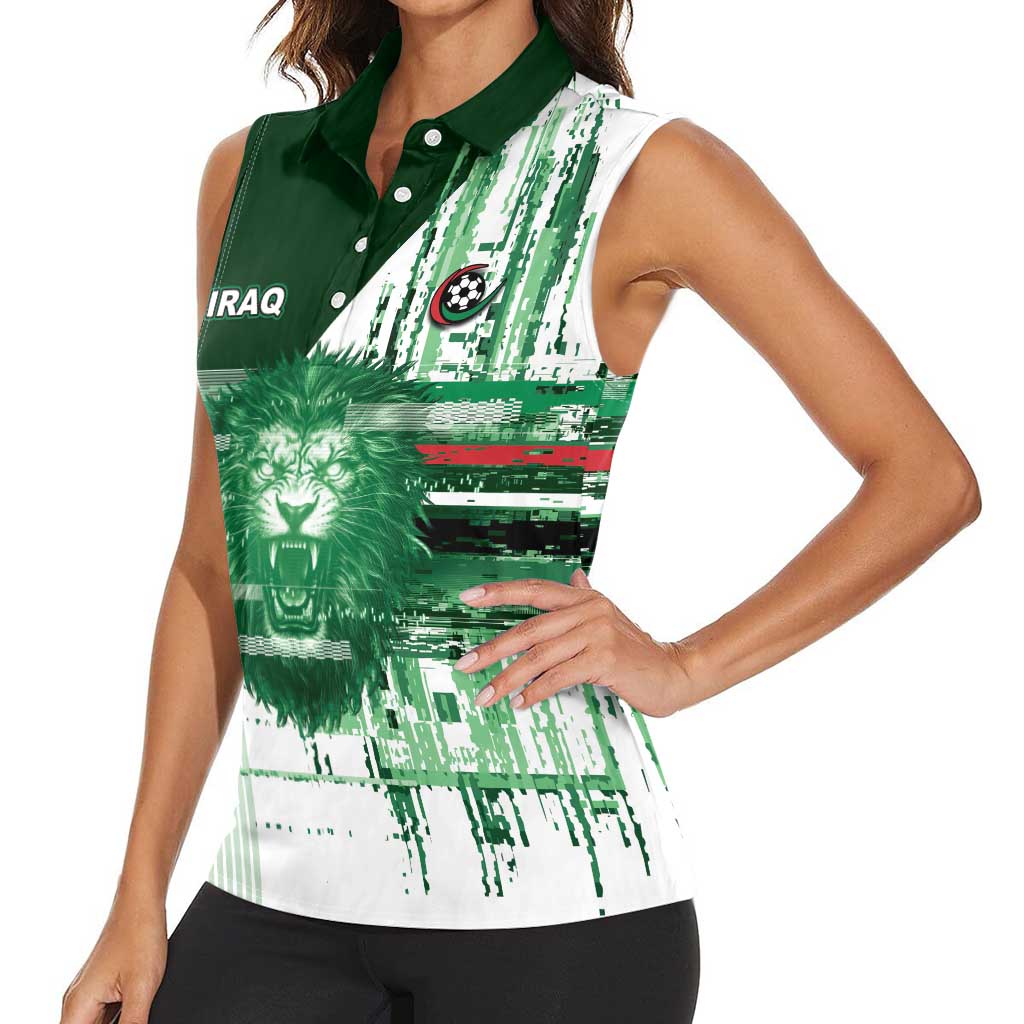 Custom Iraq Football Women Sleeveless Polo Shirt Modern Glitch Art Style Lion Symbolism