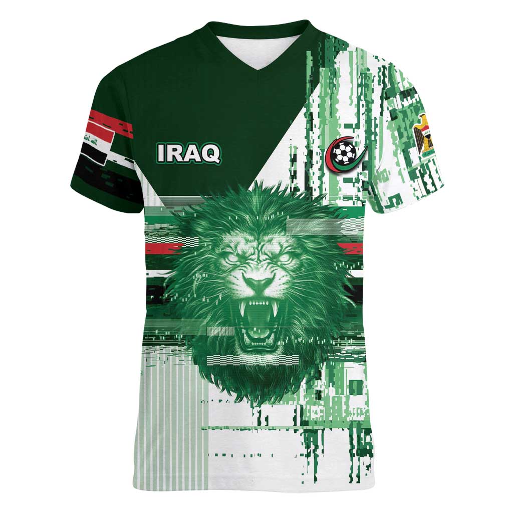 Custom Iraq Football Women V-Neck T-Shirt Modern Glitch Art Style Lion Symbolism