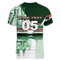 Custom Iraq Football Women V-Neck T-Shirt Modern Glitch Art Style Lion Symbolism