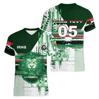 Custom Iraq Football Women V-Neck T-Shirt Modern Glitch Art Style Lion Symbolism