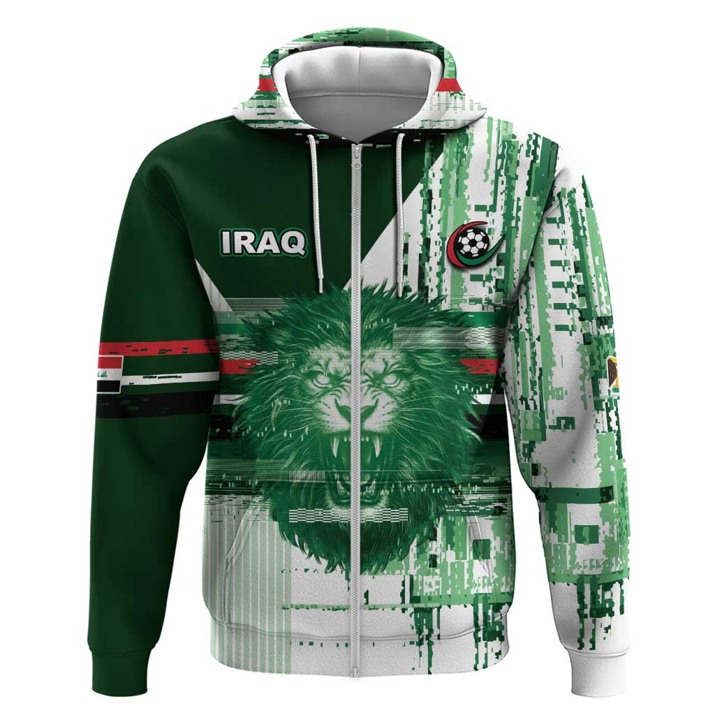 Custom Iraq Football Zip Hoodie Modern Glitch Art Style Lion Symbolism