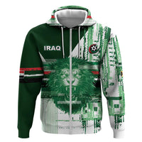 Custom Iraq Football Zip Hoodie Modern Glitch Art Style Lion Symbolism