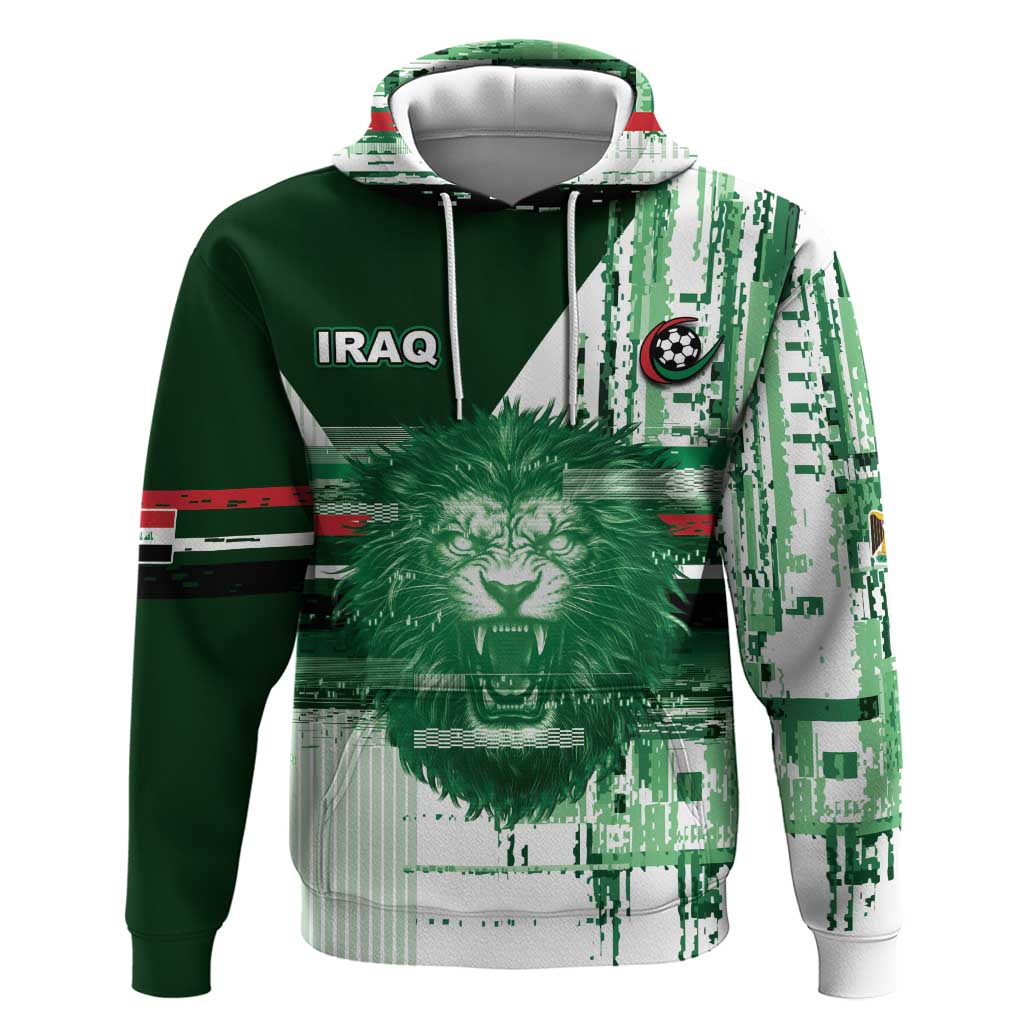 Custom Iraq Football Zip Hoodie Modern Glitch Art Style Lion Symbolism