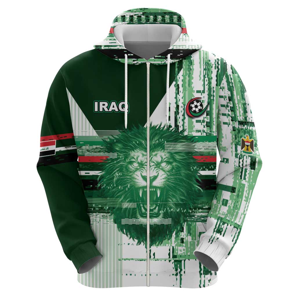 Custom Iraq Football Zip Hoodie Modern Glitch Art Style Lion Symbolism