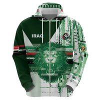Custom Iraq Football Zip Hoodie Modern Glitch Art Style Lion Symbolism