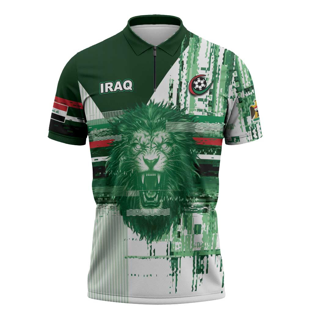 Custom Iraq Football Zipper Polo Shirt Modern Glitch Art Style Lion Symbolism