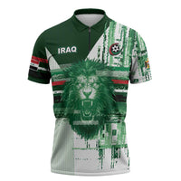 Custom Iraq Football Zipper Polo Shirt Modern Glitch Art Style Lion Symbolism