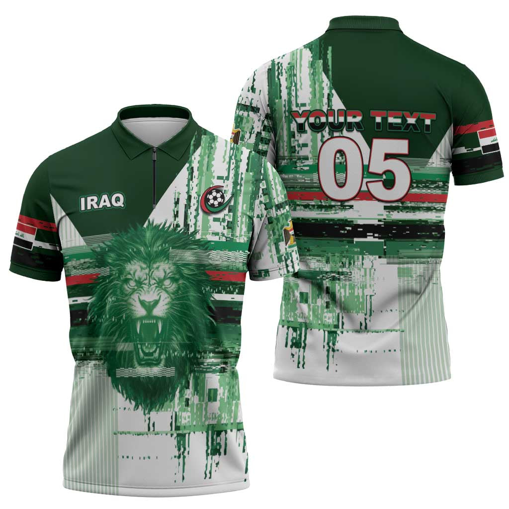 Custom Iraq Football Zipper Polo Shirt Modern Glitch Art Style Lion Symbolism