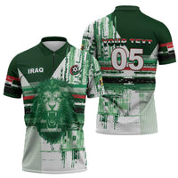 Custom Iraq Football Zipper Polo Shirt Modern Glitch Art Style Lion Symbolism