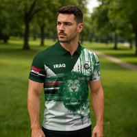 Custom Iraq Football Zipper Polo Shirt Modern Glitch Art Style Lion Symbolism
