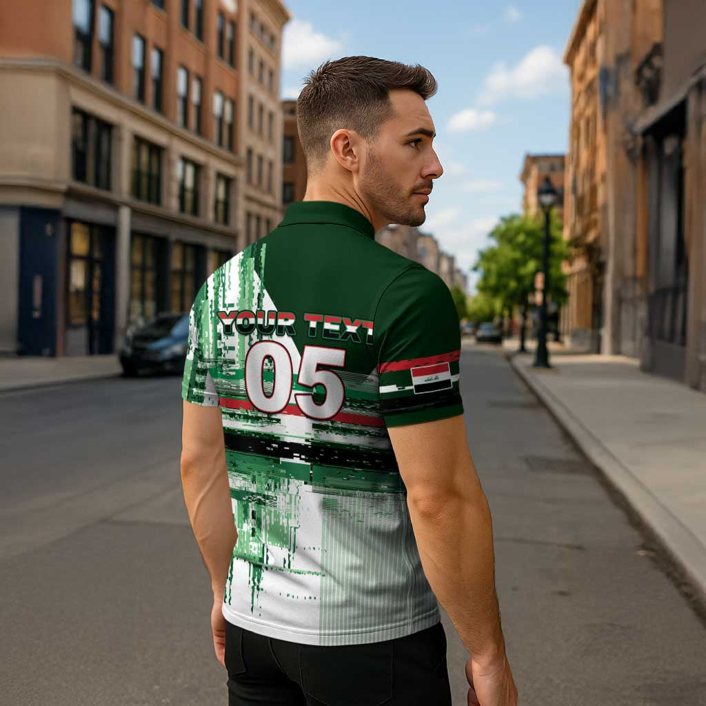 Custom Iraq Football Zipper Polo Shirt Modern Glitch Art Style Lion Symbolism