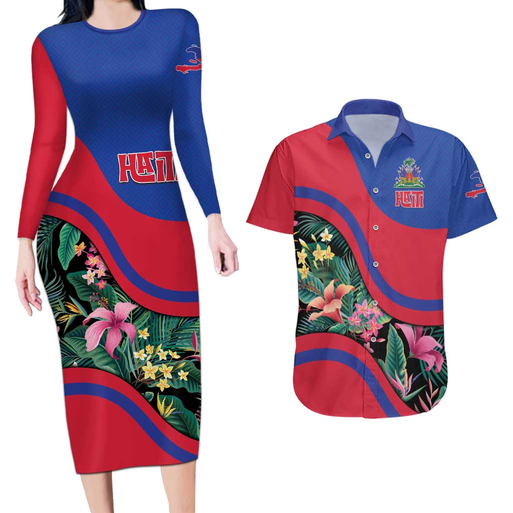 Personalized Haiti Couples Matching Long Sleeve Bodycon Dress and Hawaiian Shirt Tropical Hibiscus Flowers DT05