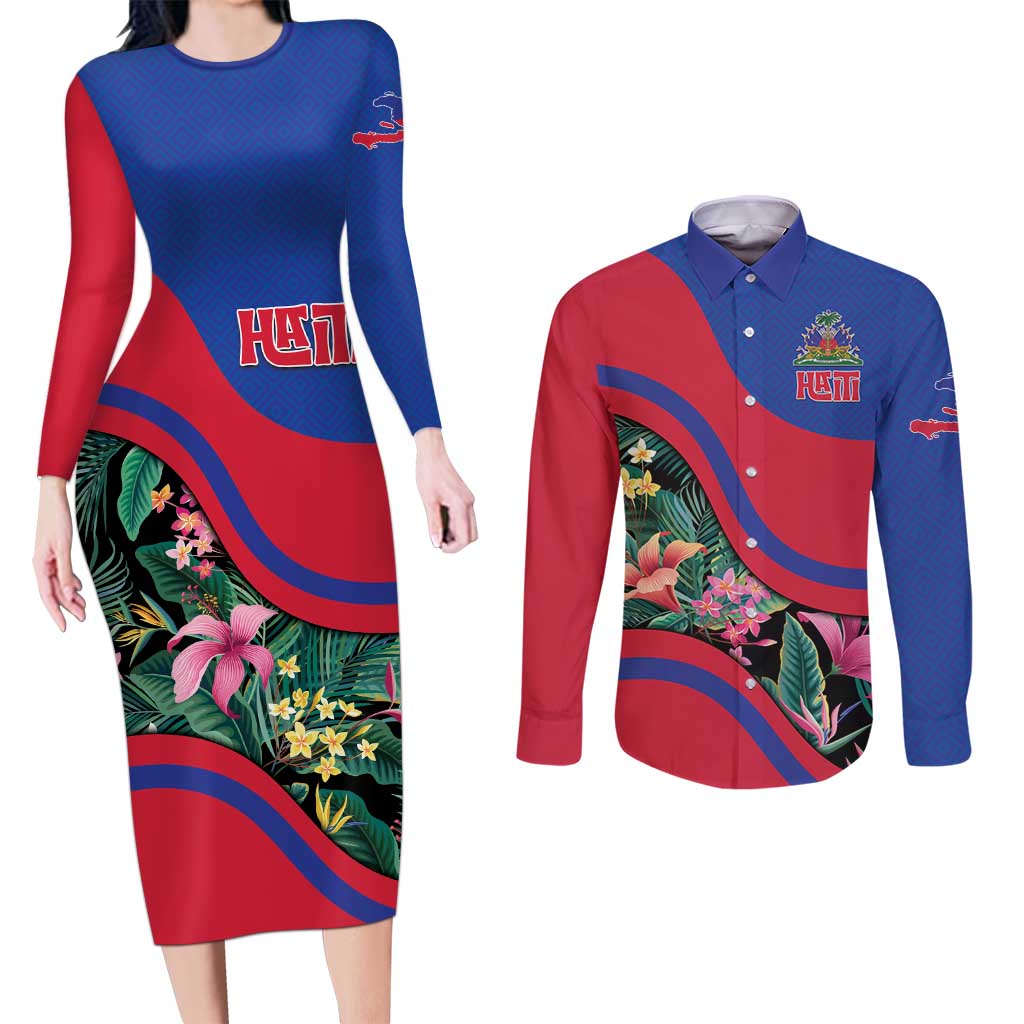 Personalized Haiti Couples Matching Long Sleeve Bodycon Dress and Long Sleeve Button Shirt Tropical Hibiscus Flowers DT05