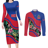 Personalized Haiti Couples Matching Long Sleeve Bodycon Dress and Long Sleeve Button Shirt Tropical Hibiscus Flowers DT05
