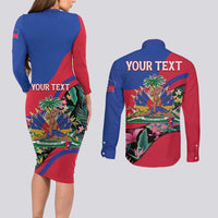 Personalized Haiti Couples Matching Long Sleeve Bodycon Dress and Long Sleeve Button Shirt Tropical Hibiscus Flowers DT05