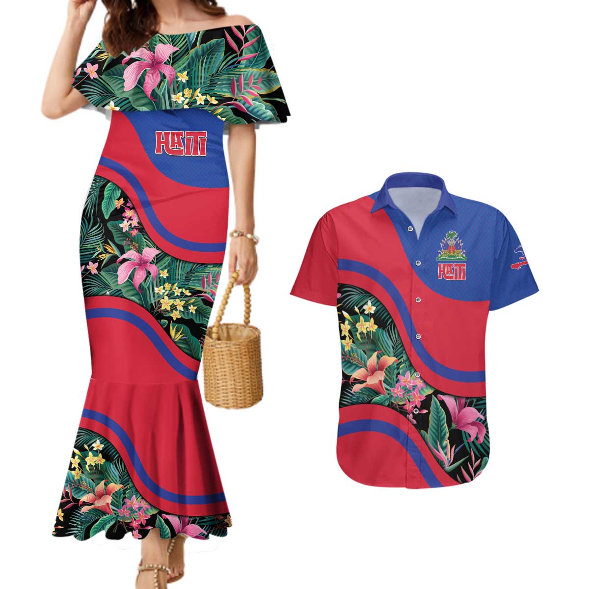 Personalized Haiti Couples Matching Mermaid Dress and Hawaiian Shirt Tropical Hibiscus Flowers DT05