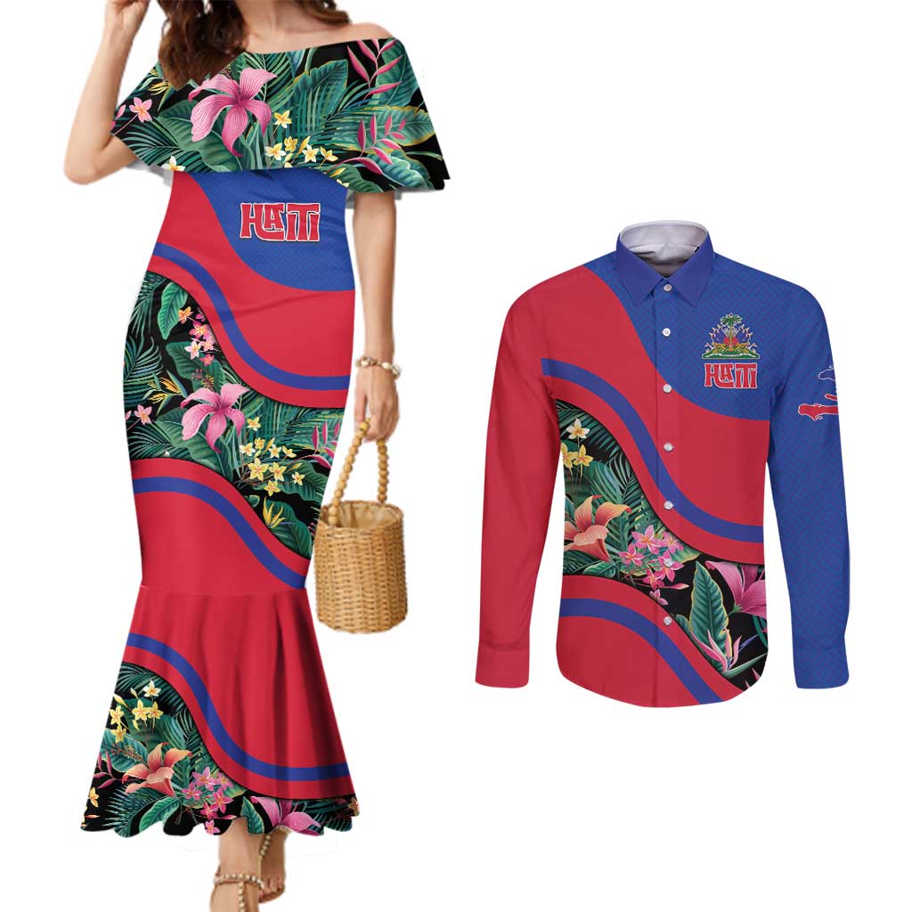 Personalized Haiti Couples Matching Mermaid Dress and Long Sleeve Button Shirt Tropical Hibiscus Flowers DT05