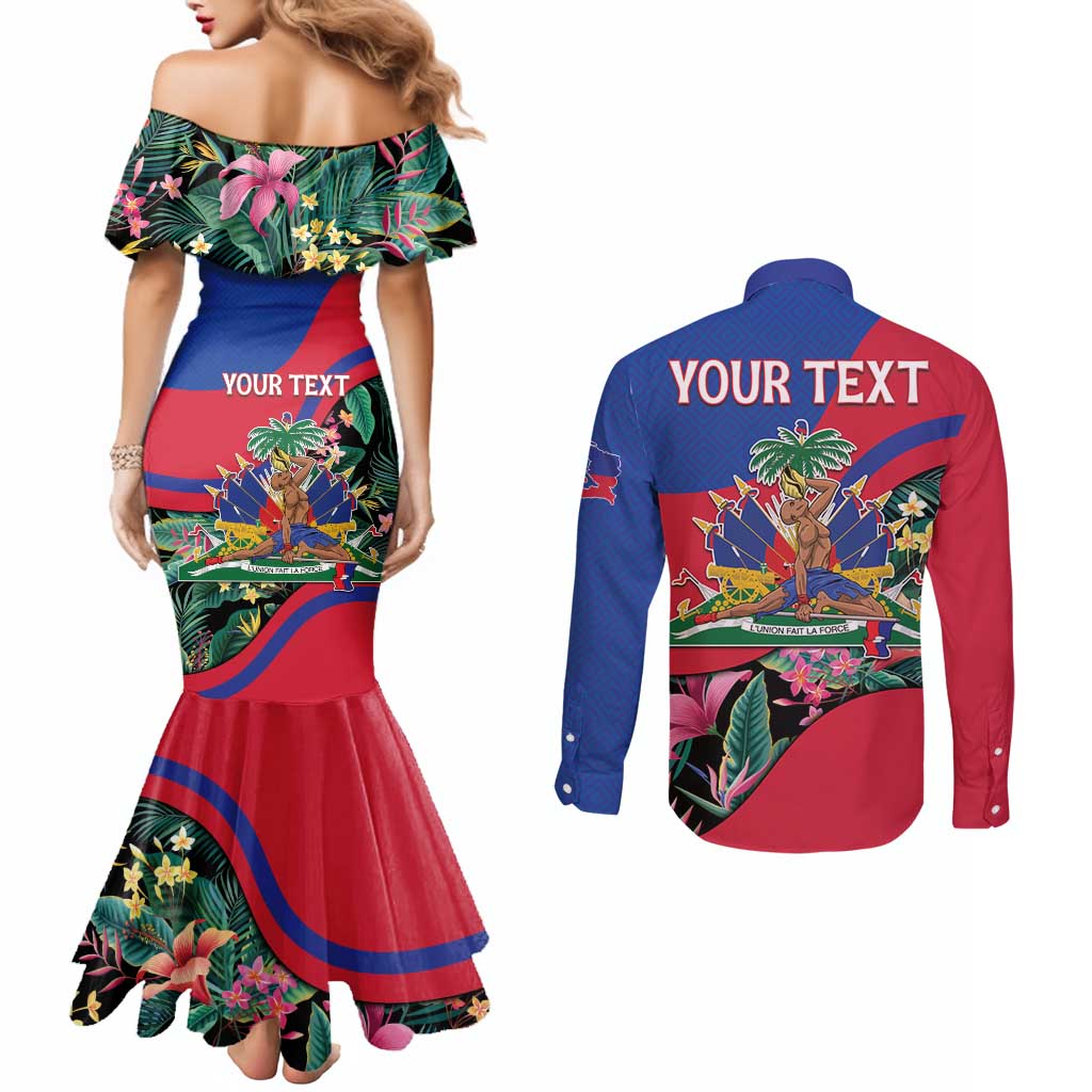Personalized Haiti Couples Matching Mermaid Dress and Long Sleeve Button Shirt Tropical Hibiscus Flowers DT05