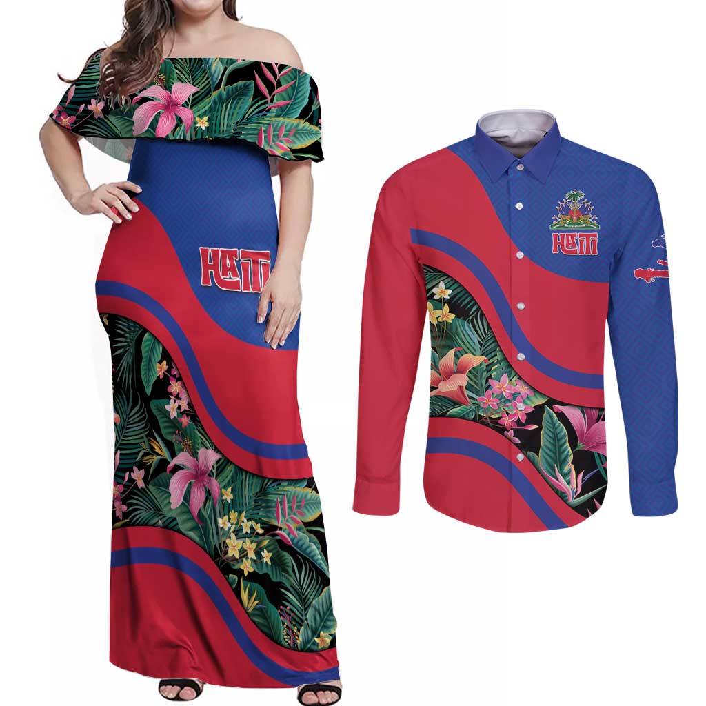 Personalized Haiti Couples Matching Off Shoulder Maxi Dress and Long Sleeve Button Shirt Tropical Hibiscus Flowers DT05