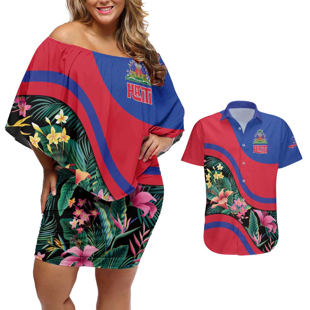Personalized Haiti Couples Matching Off Shoulder Short Dress and Hawaiian Shirt Tropical Hibiscus Flowers DT05