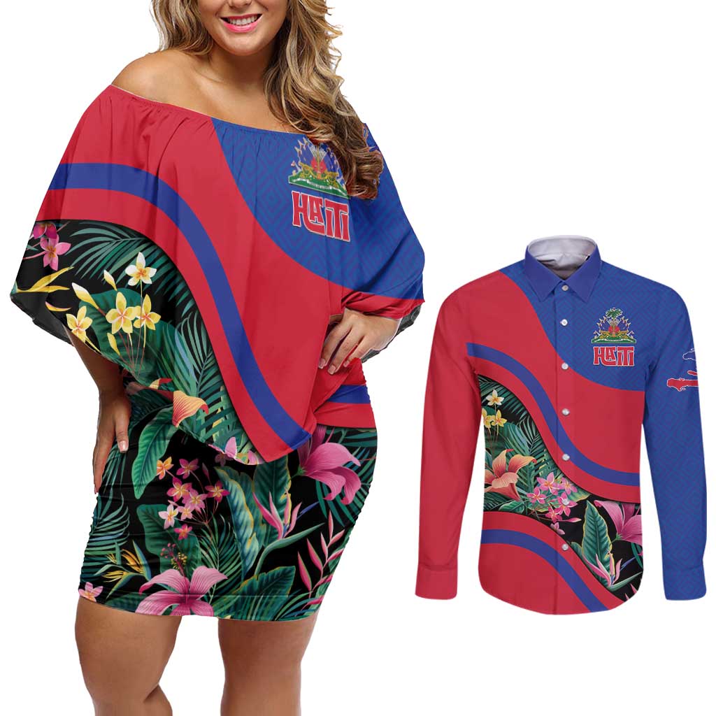 Personalized Haiti Couples Matching Off Shoulder Short Dress and Long Sleeve Button Shirt Tropical Hibiscus Flowers DT05