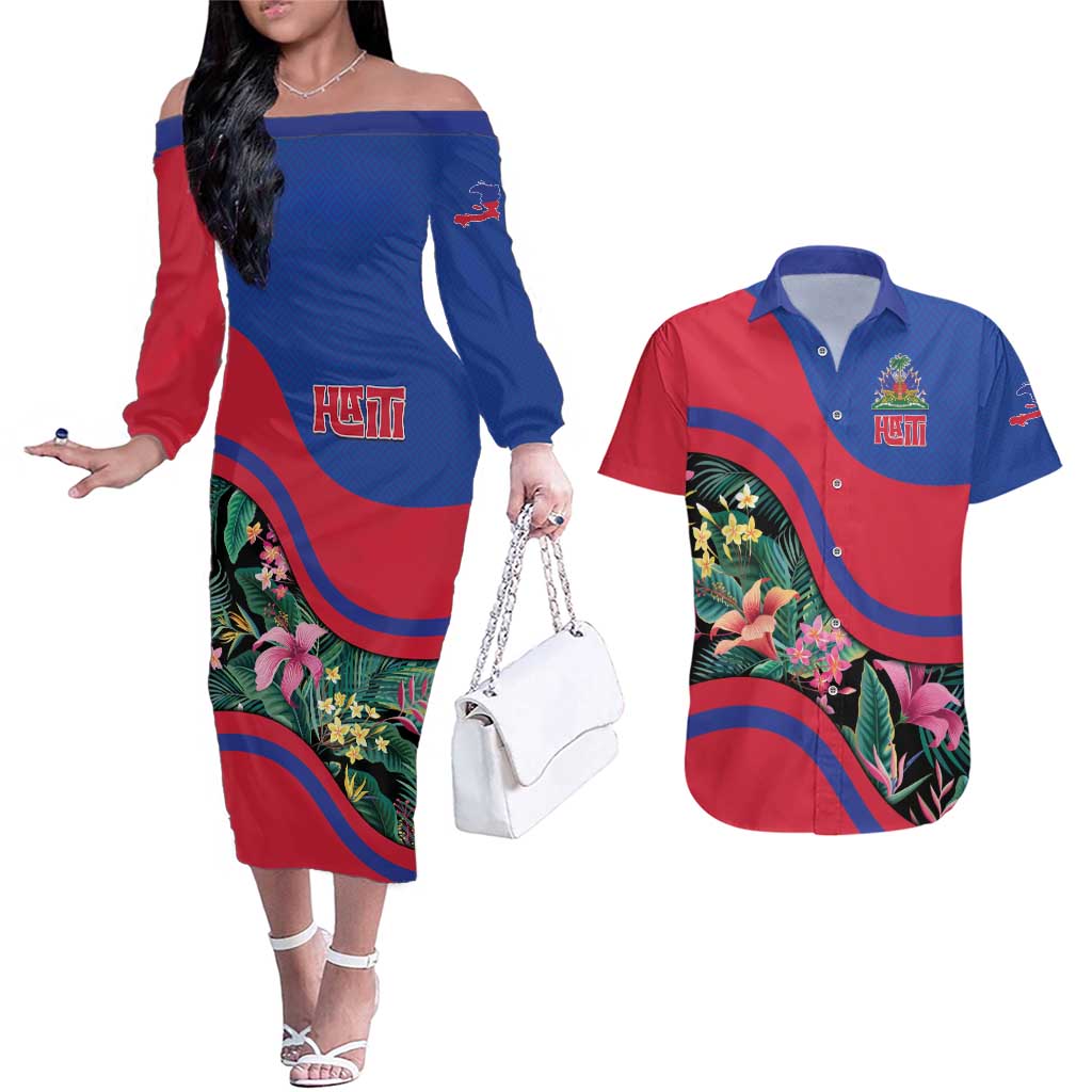Personalized Haiti Couples Matching Off The Shoulder Long Sleeve Dress and Hawaiian Shirt Tropical Hibiscus Flowers DT05