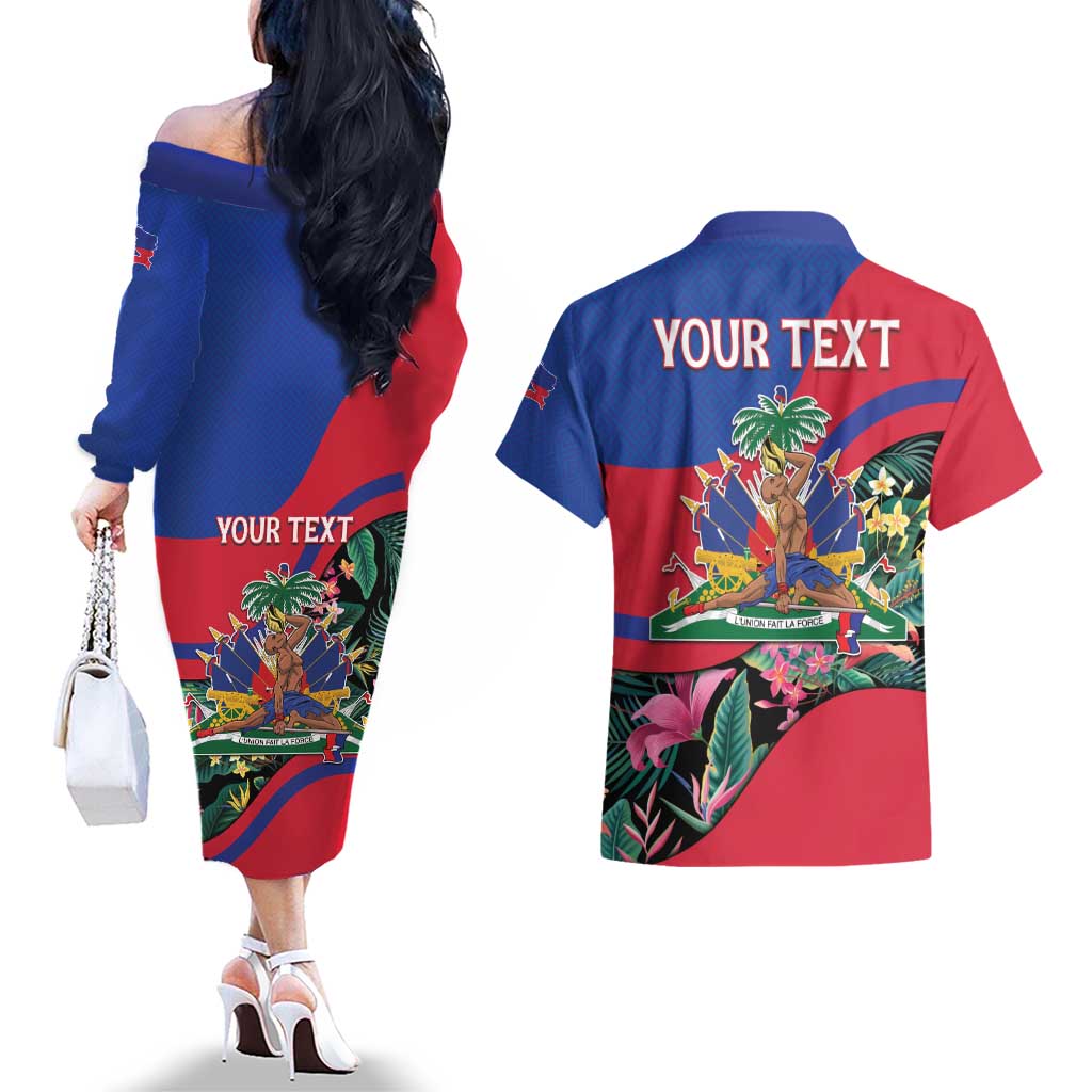 Personalized Haiti Couples Matching Off The Shoulder Long Sleeve Dress and Hawaiian Shirt Tropical Hibiscus Flowers DT05