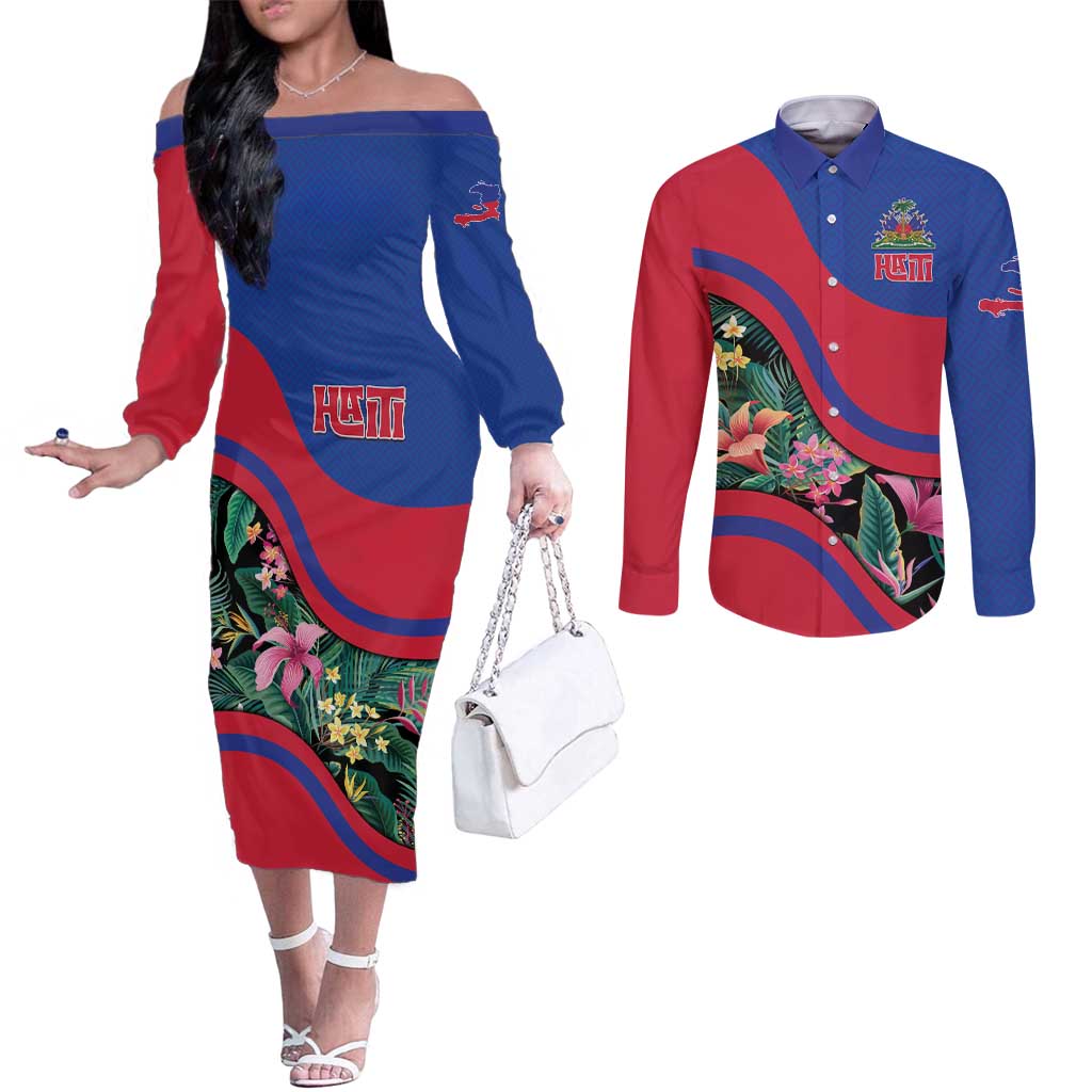 Personalized Haiti Couples Matching Off The Shoulder Long Sleeve Dress and Long Sleeve Button Shirt Tropical Hibiscus Flowers DT05