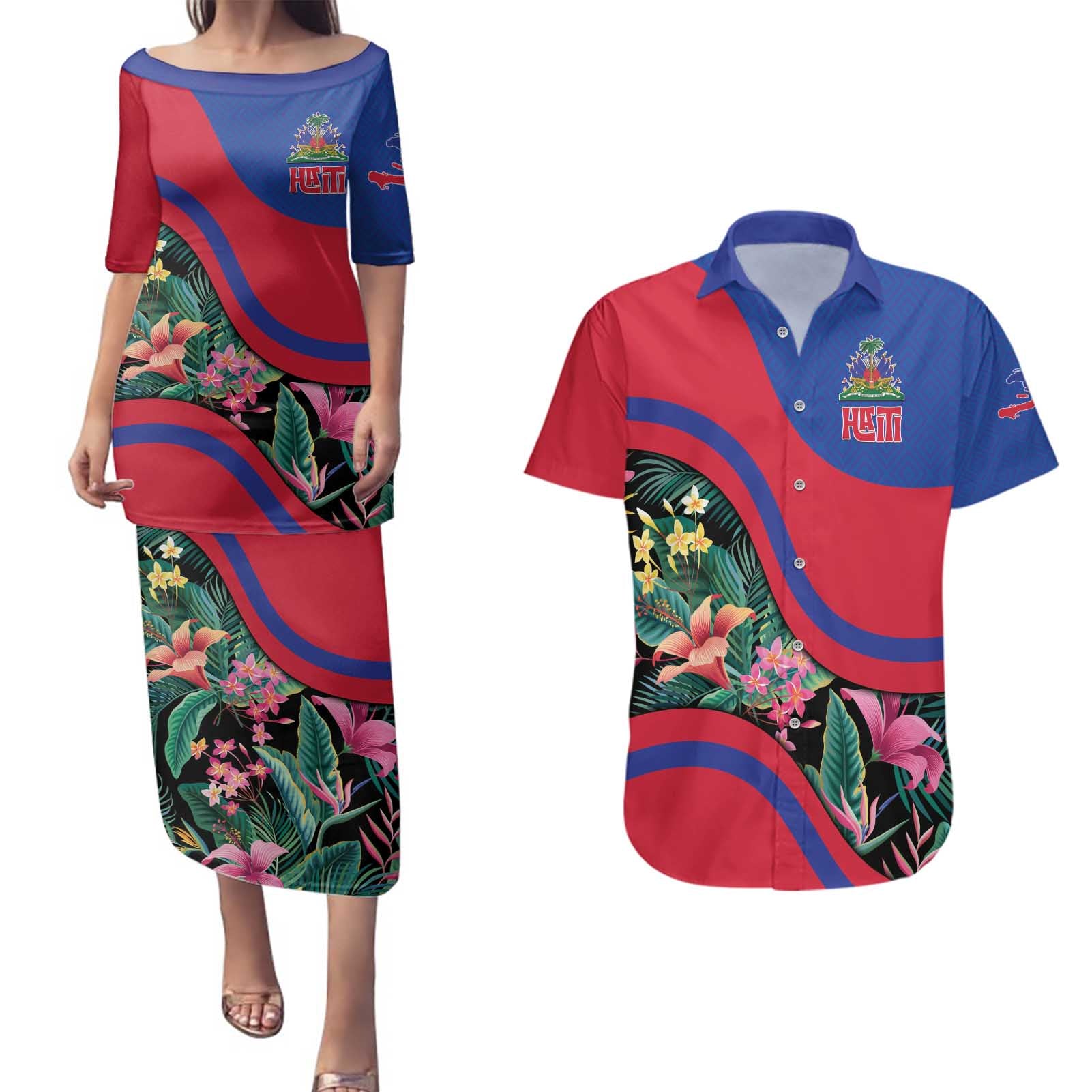 Personalized Haiti Couples Matching Puletasi and Hawaiian Shirt Tropical Hibiscus Flowers DT05