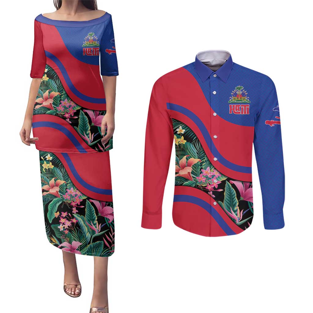 Personalized Haiti Couples Matching Puletasi and Long Sleeve Button Shirt Tropical Hibiscus Flowers DT05