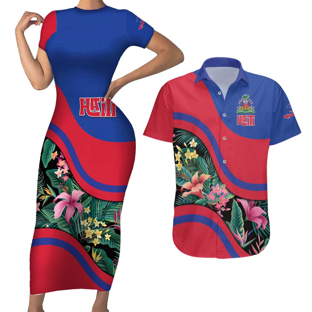 Personalized Haiti Couples Matching Short Sleeve Bodycon Dress and Hawaiian Shirt Tropical Hibiscus Flowers DT05