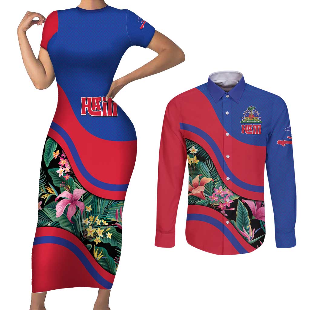 Personalized Haiti Couples Matching Short Sleeve Bodycon Dress and Long Sleeve Button Shirt Tropical Hibiscus Flowers DT05