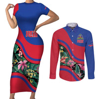 Personalized Haiti Couples Matching Short Sleeve Bodycon Dress and Long Sleeve Button Shirt Tropical Hibiscus Flowers DT05