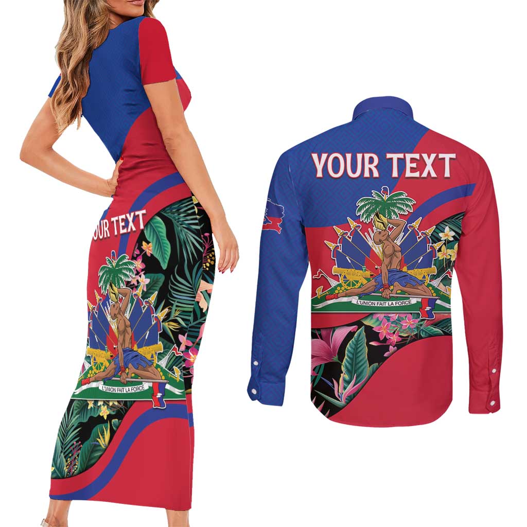 Personalized Haiti Couples Matching Short Sleeve Bodycon Dress and Long Sleeve Button Shirt Tropical Hibiscus Flowers DT05