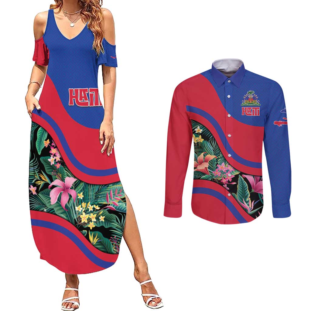 Personalized Haiti Couples Matching Summer Maxi Dress and Long Sleeve Button Shirt Tropical Hibiscus Flowers DT05