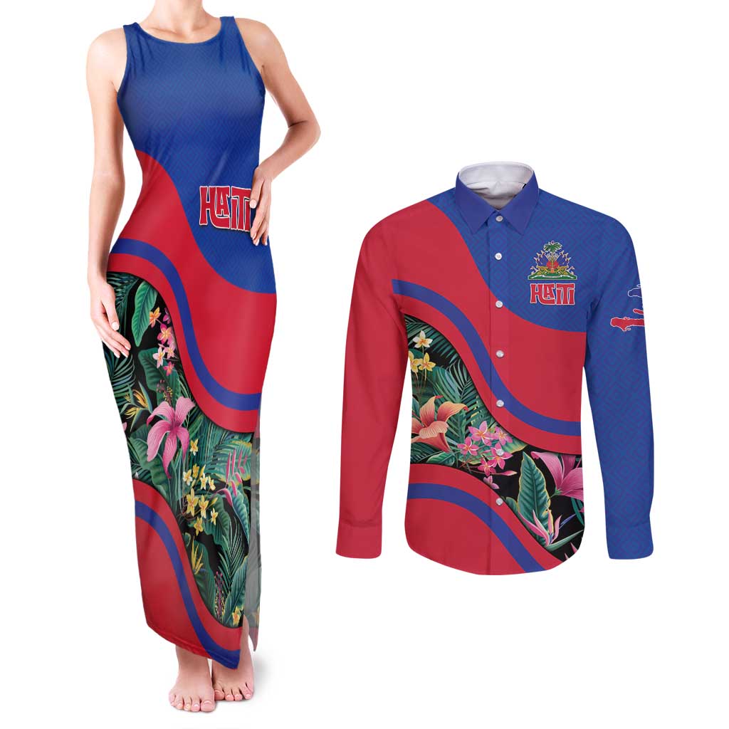 Personalized Haiti Couples Matching Tank Maxi Dress and Long Sleeve Button Shirt Tropical Hibiscus Flowers DT05