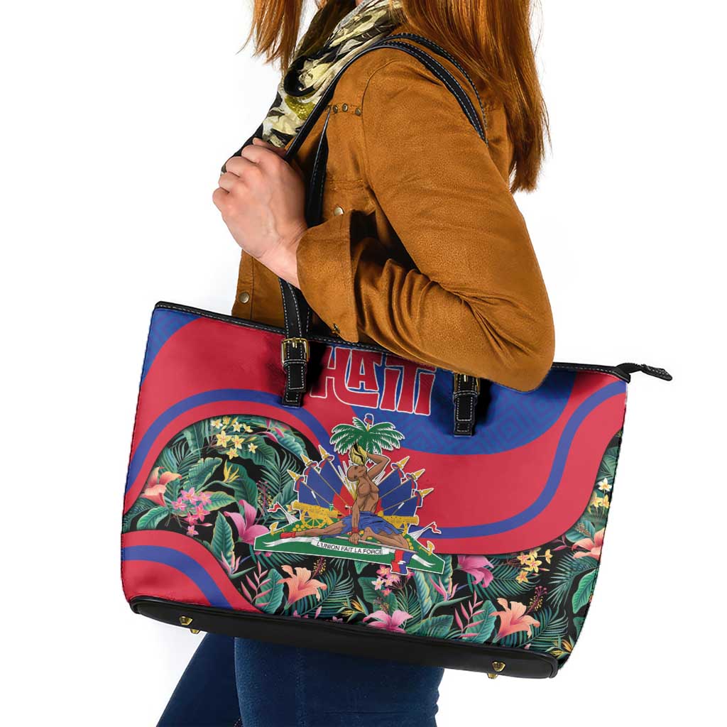Personalized Haiti Leather Tote Bag Tropical Hibiscus Flowers