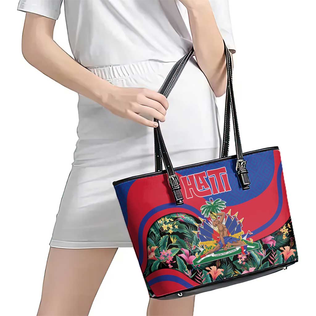 Personalized Haiti Leather Tote Bag Tropical Hibiscus Flowers