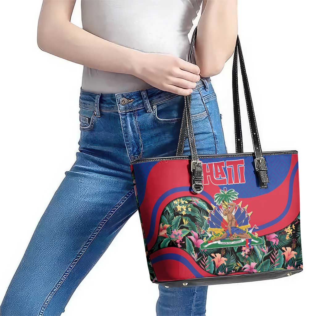Personalized Haiti Leather Tote Bag Tropical Hibiscus Flowers