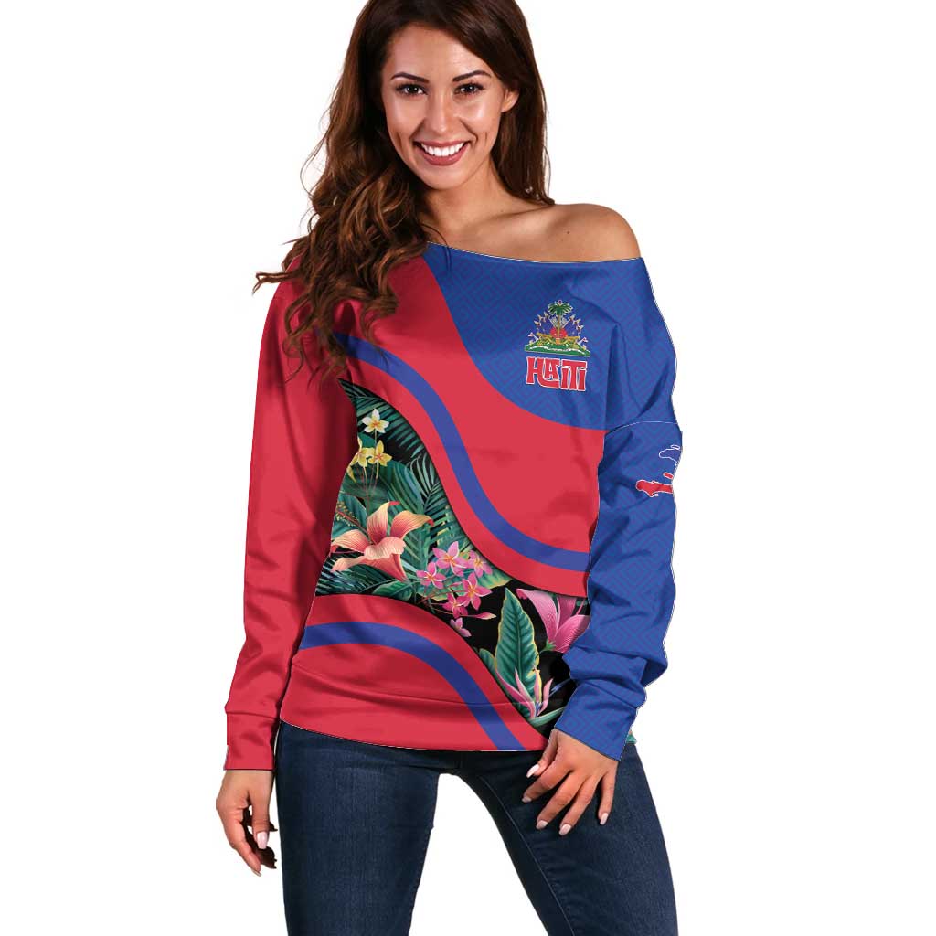 Personalized Haiti Off Shoulder Sweater Tropical Hibiscus Flowers DT05
