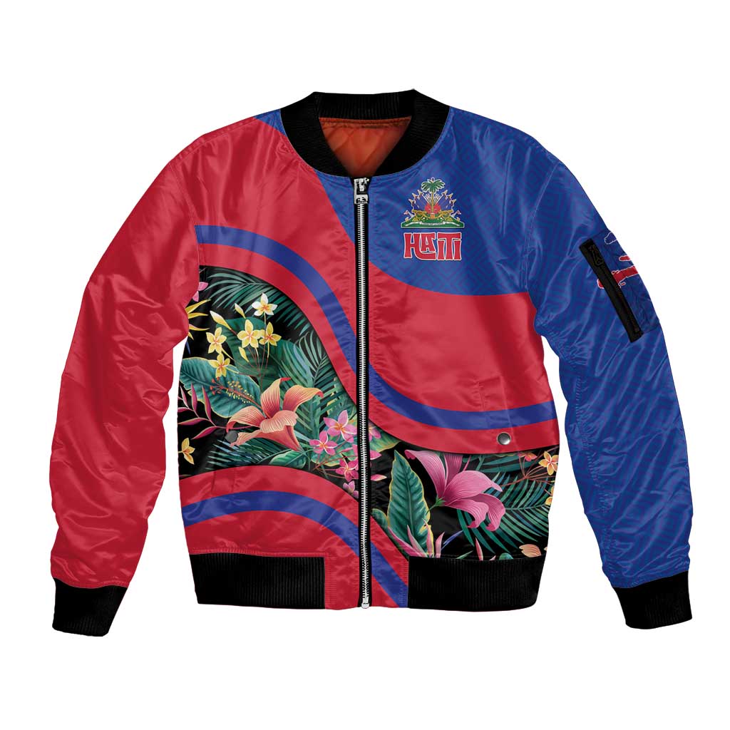 Personalized Haiti Sleeve Zip Bomber Jacket Tropical Hibiscus Flowers DT05