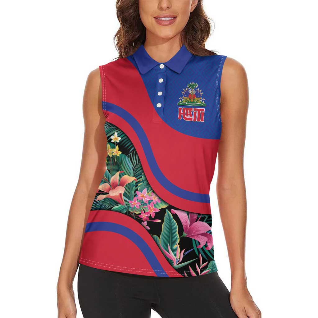 Personalized Haiti Women Sleeveless Polo Shirt Tropical Hibiscus Flowers DT05