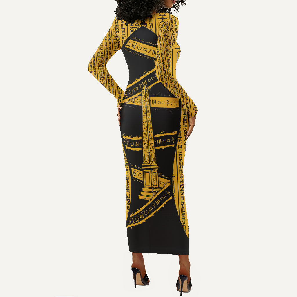 Egypt Obelisk Long Sleeve Bodycon Dress Ancient Mythology Sacred Sun Pillar