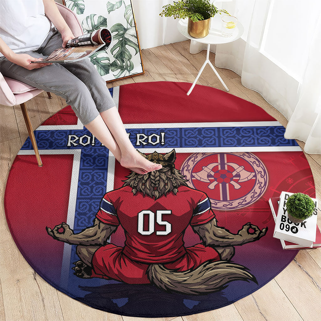 Custom Norway Football Round Carpet Ro Ro Meditating Viking Wolf