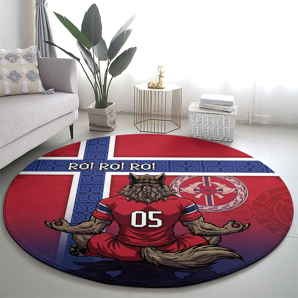Custom Norway Football Round Carpet Ro Ro Meditating Viking Wolf