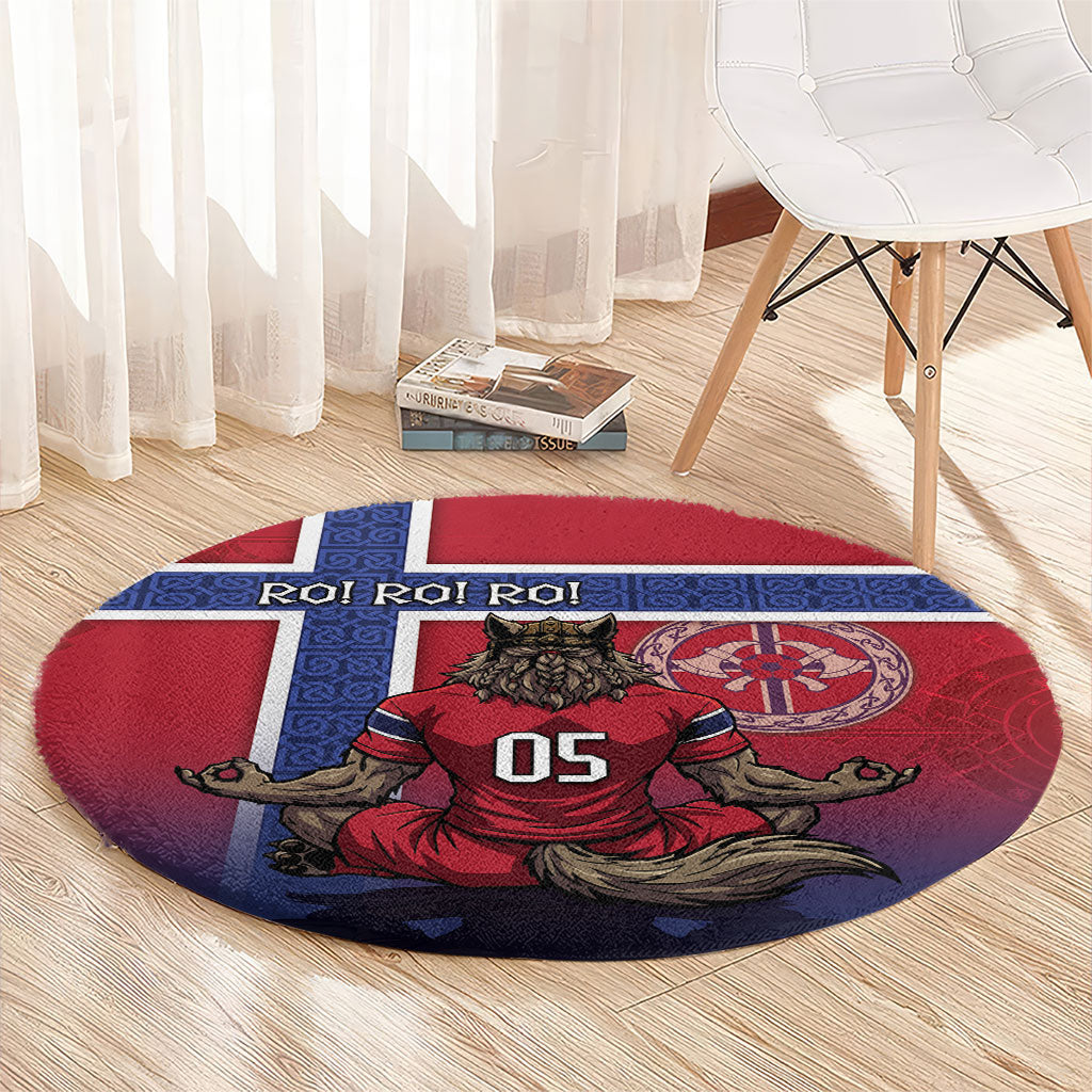 Custom Norway Football Round Carpet Ro Ro Meditating Viking Wolf