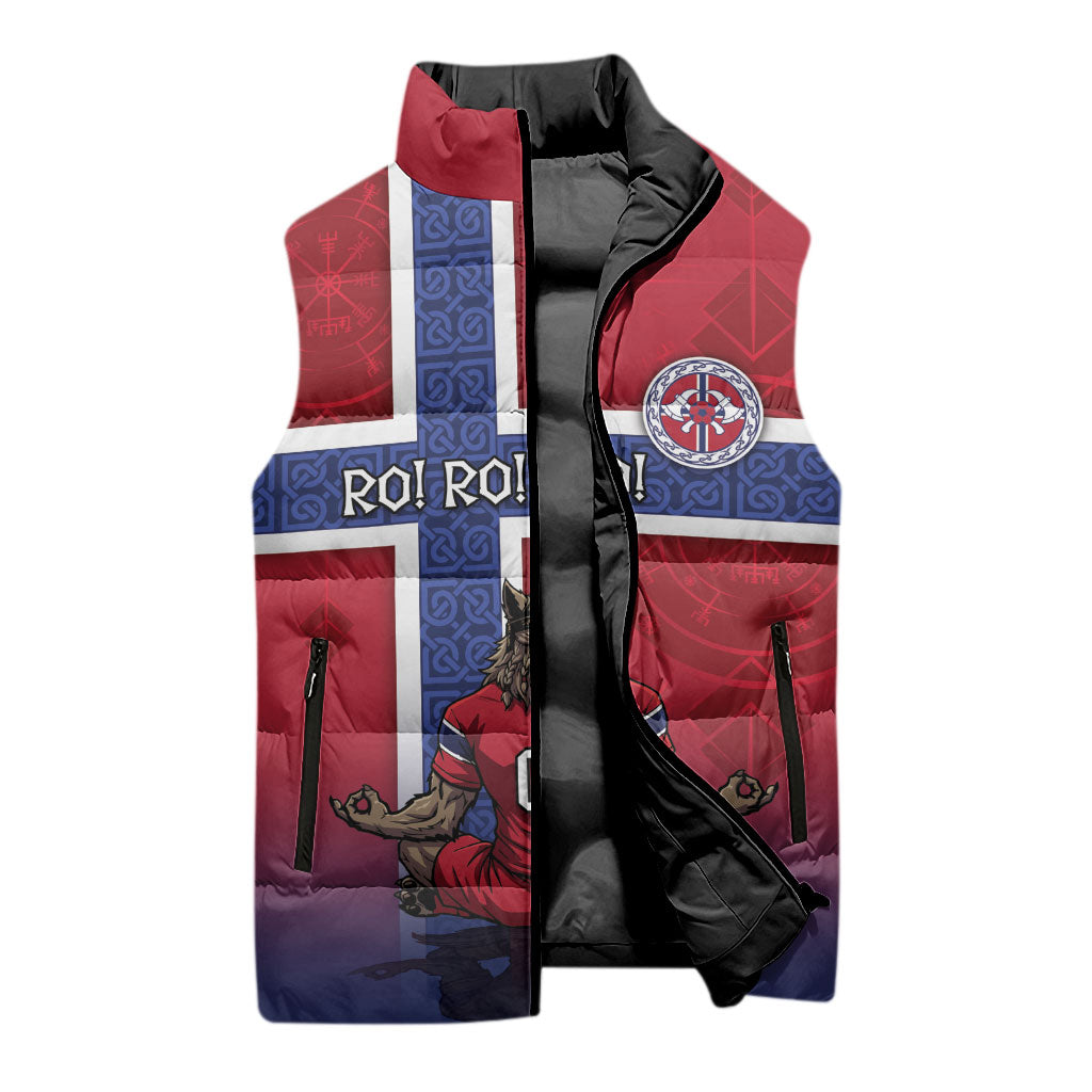 Custom Norway Football Sleeveless Puffer Jacket Ro Ro Meditating Viking Wolf